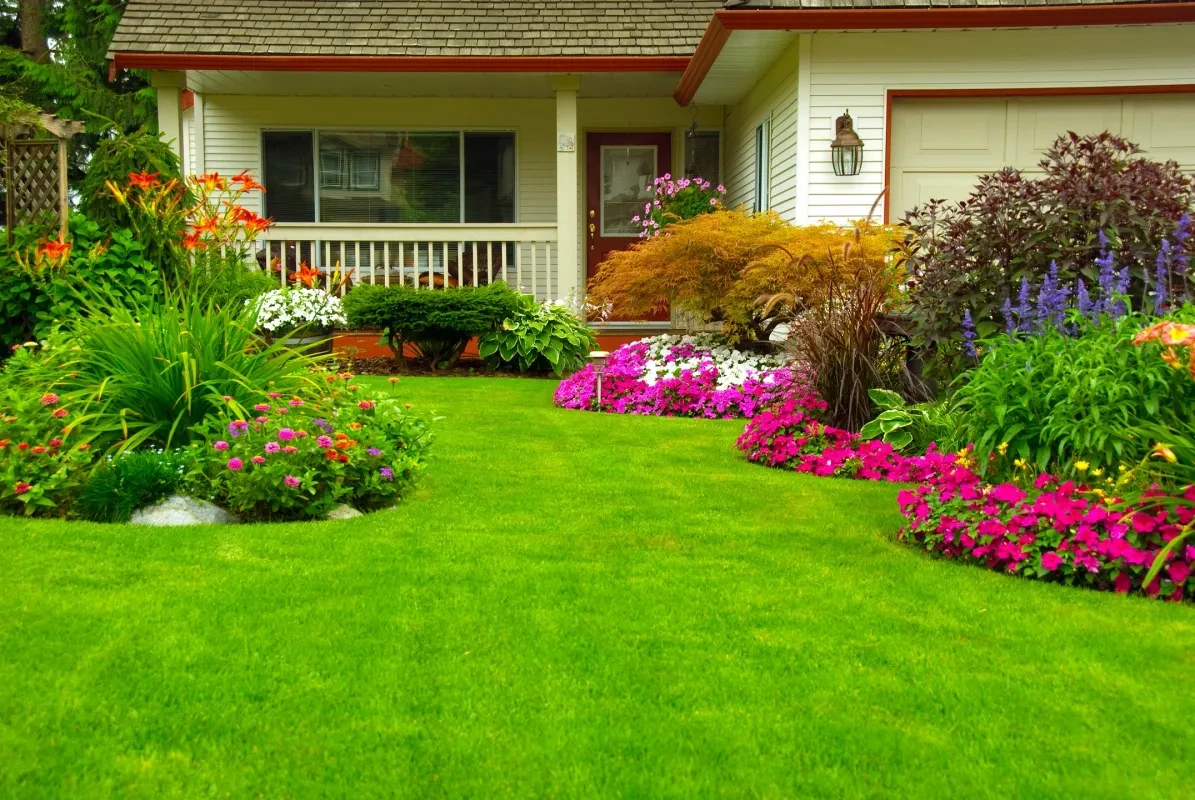 Residential home with colorful garden landscaping